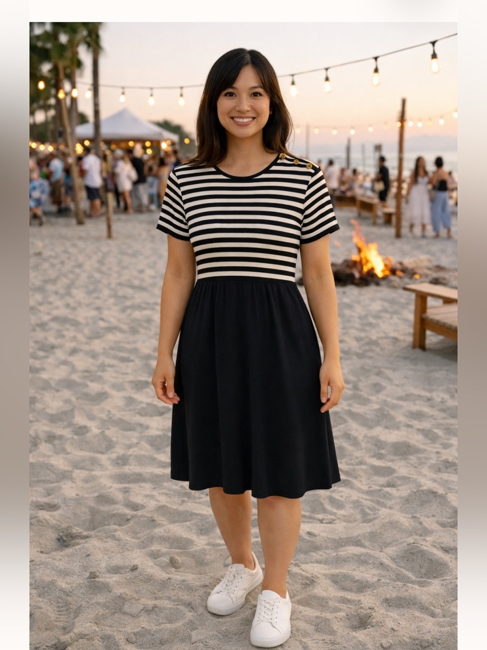 Jones New York Women's Black and White Striped Top and Black Bottom P/M Dress